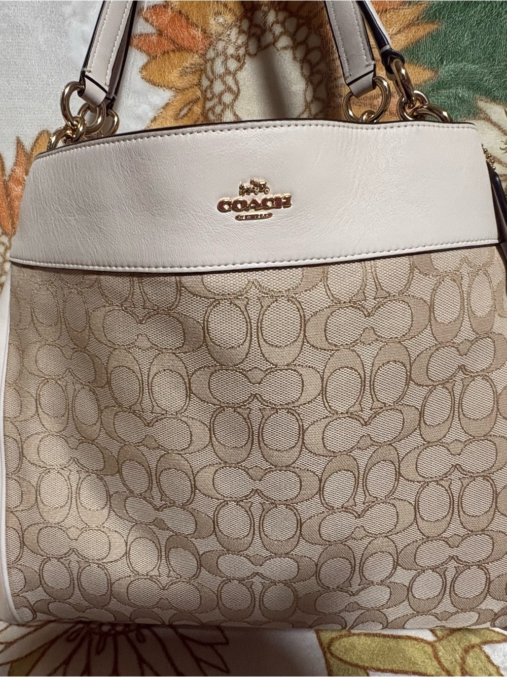 Coach Signature Canvas Lexi Tote with Cream Leather Trim and Gold Hardware